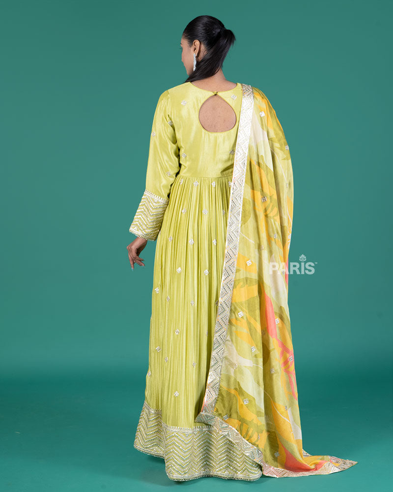 Lime Green Embellished Gown with Tropical Dupatta