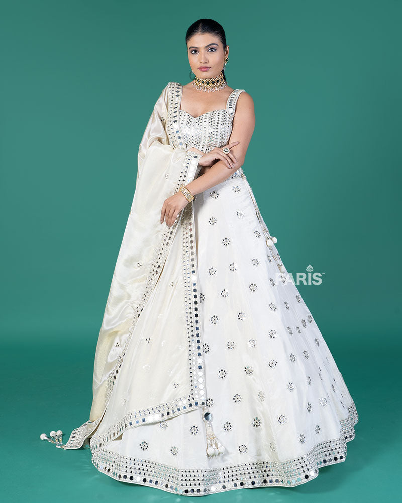Off White Mirror Embellished Lehenga Choli with Dupatta