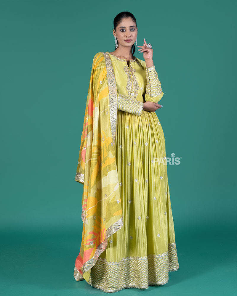 Lime Green Embellished Gown with Tropical Dupatta