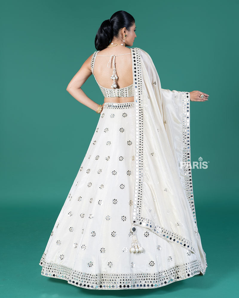 Off White Mirror Embellished Lehenga Choli with Dupatta