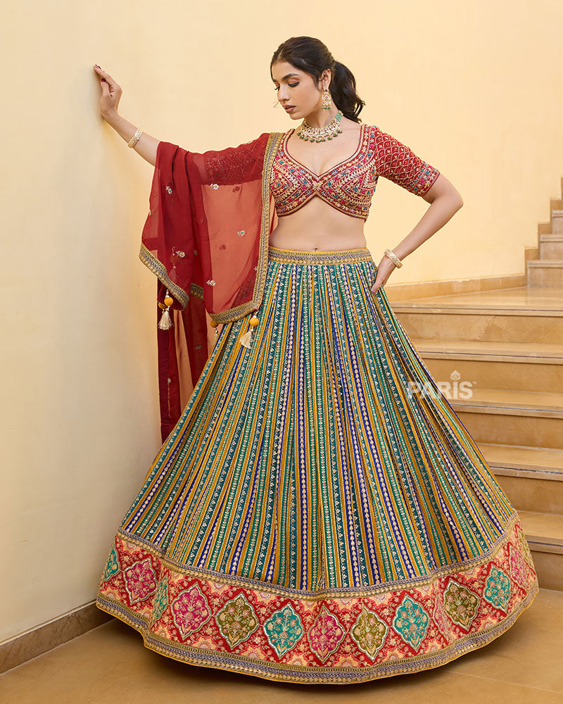 Multicolored Striped Lehenga with Embroidered Choli with Red Dupatta
