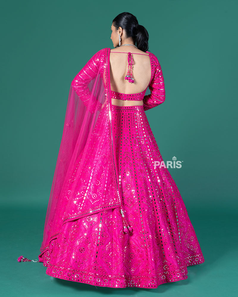Hot Pink Mirror Embellished Lehenga Choli with Dupatta