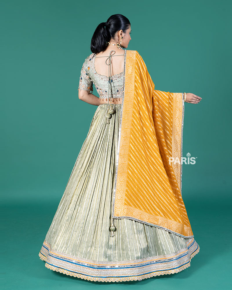 Pista Silver Pleated Lehenga and Embroidered Gray Choli with Mustard Dupatta