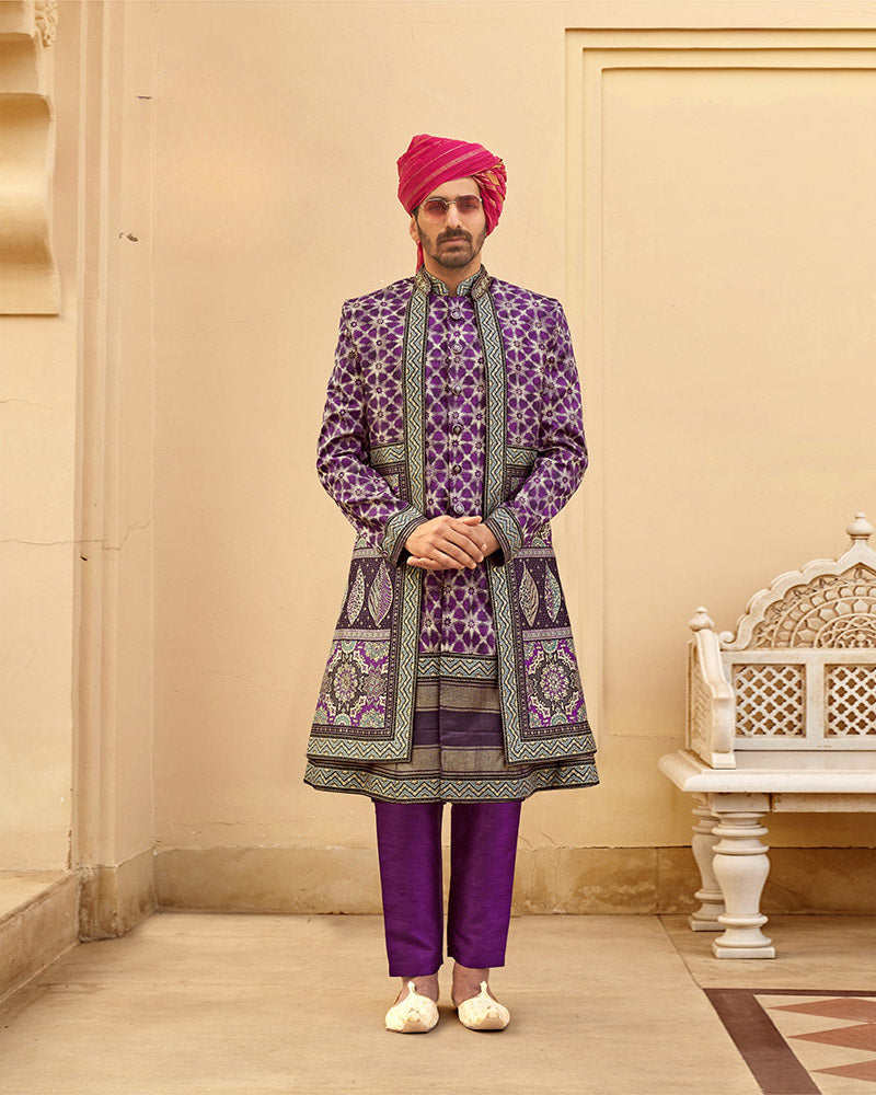 Violet Kurta Pajama With Jodhpuri Printed Coat