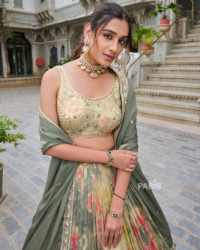 Multi-Color Digital Print Lehenga Choli with Pastel Green Dupatta