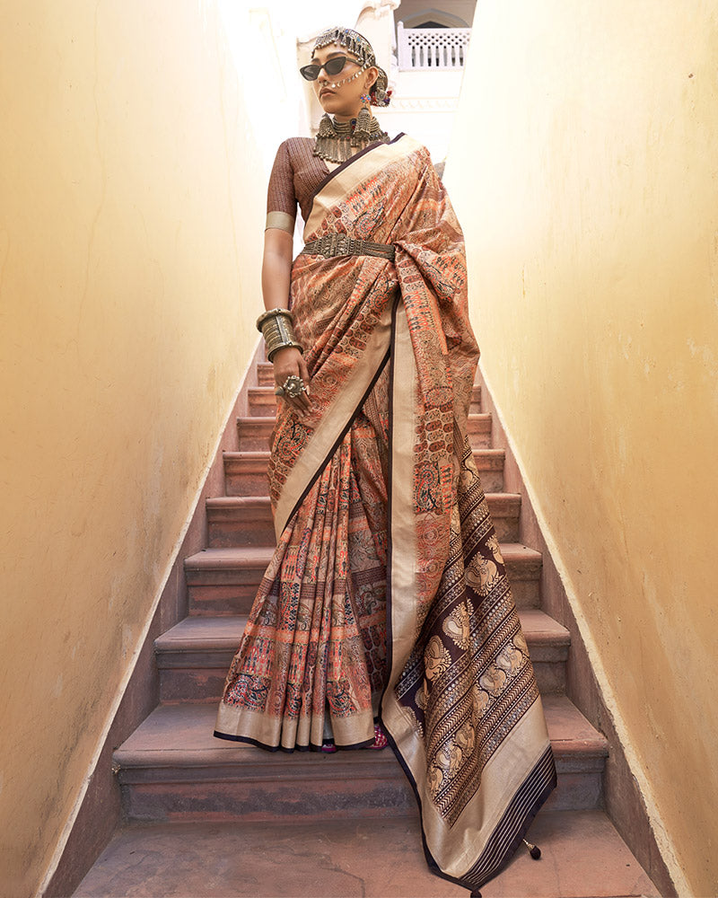 Brown Heavy Printed Cotton Silk Saree with Unstitched Blouse Piece