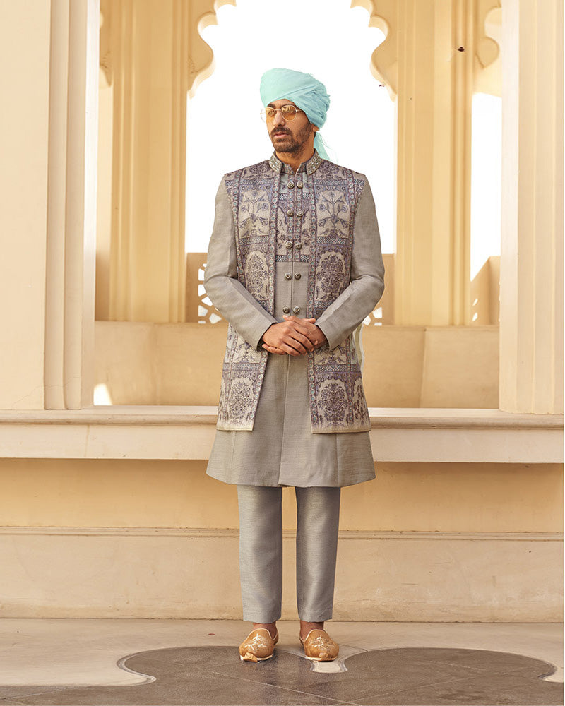 Grey Kurta Pajama With Weave Printed Jacket
