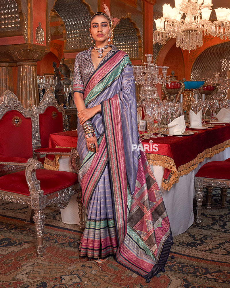 Light Grayish Purple Kanjivaram Silk Saree with Unstitched Blouse