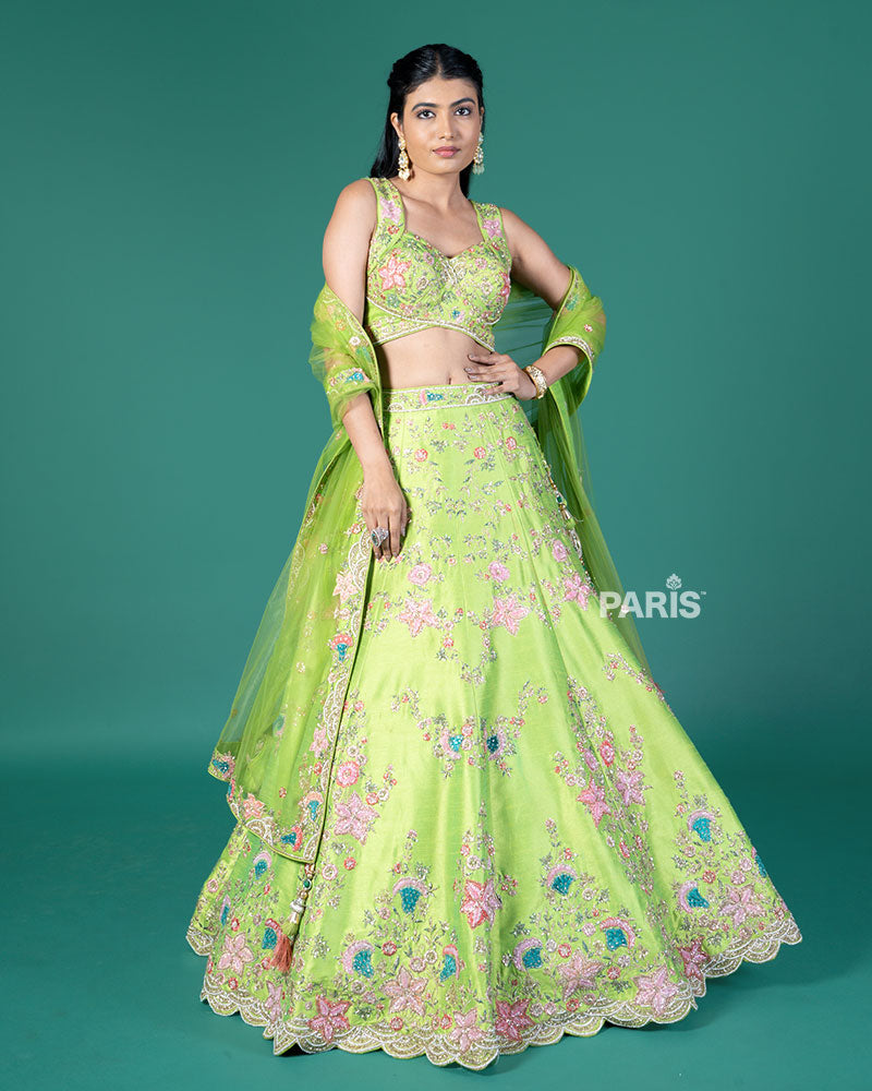 Lime Green Embellished Lehenga Choli with Net Dupatta