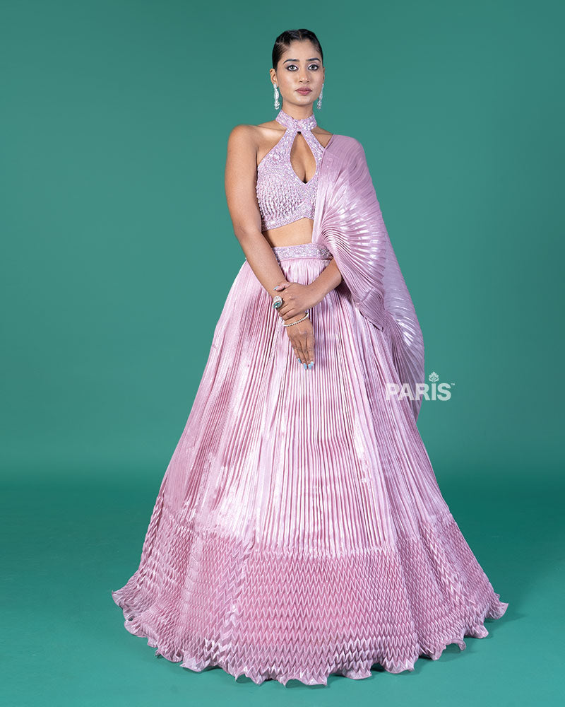 Lavender Pleated Lehenga Embellished Choli and Draped Dupatta
