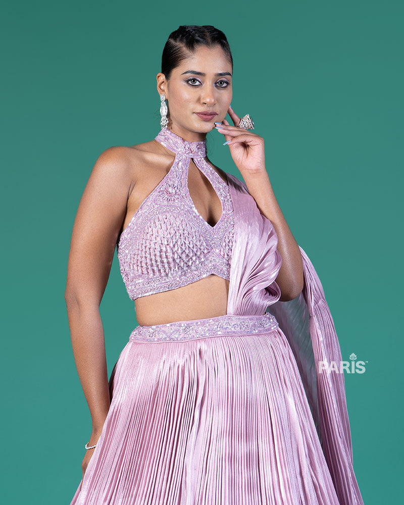 Lavender Pleated Lehenga Embellished Choli and Draped Dupatta