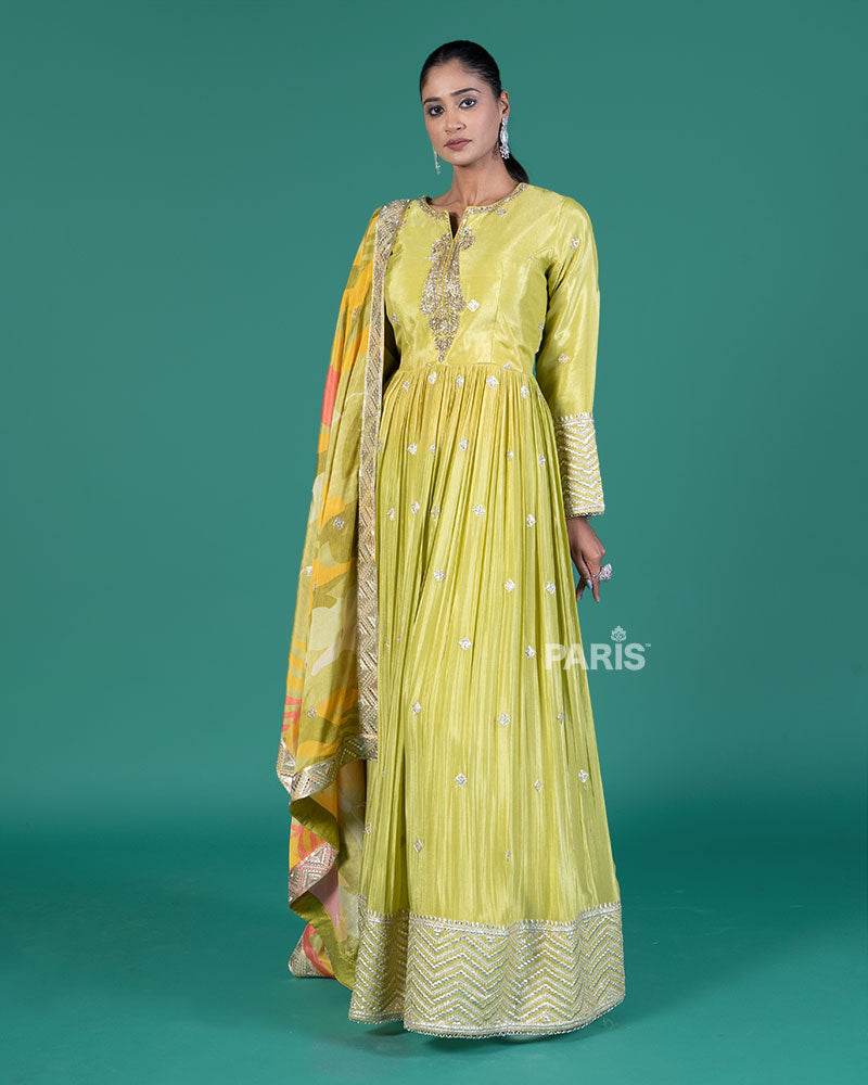Lime Green Embellished Gown with Tropical Dupatta