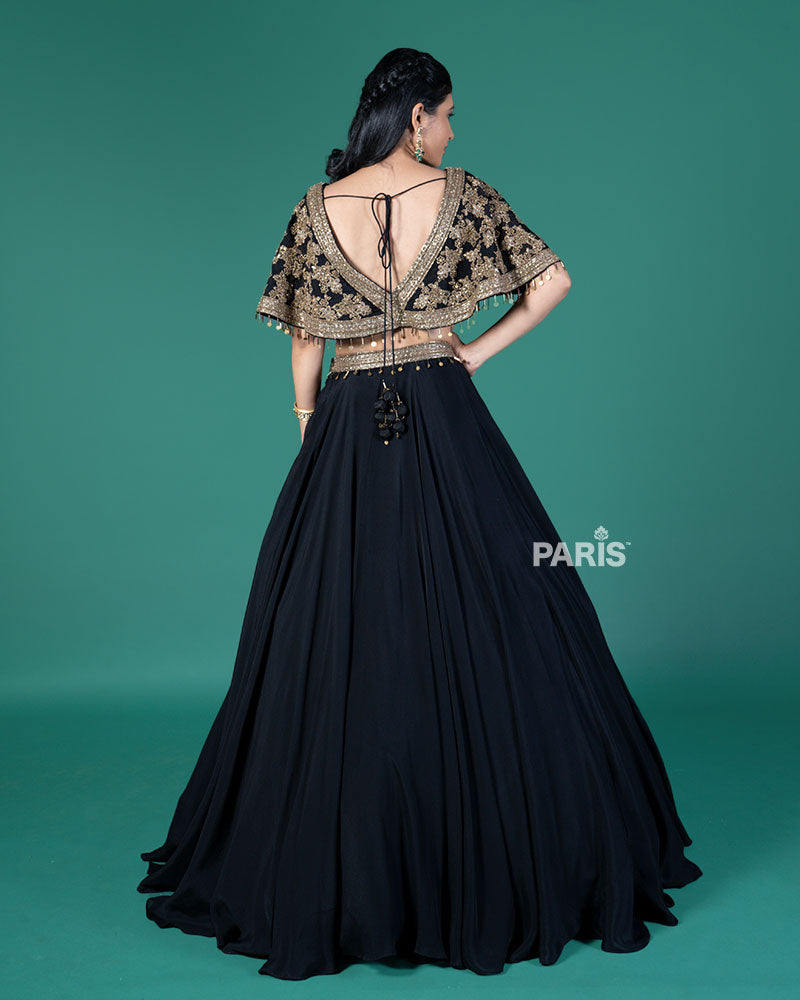 Black and Gold Embroidered Lehenga Choli with Feather Design