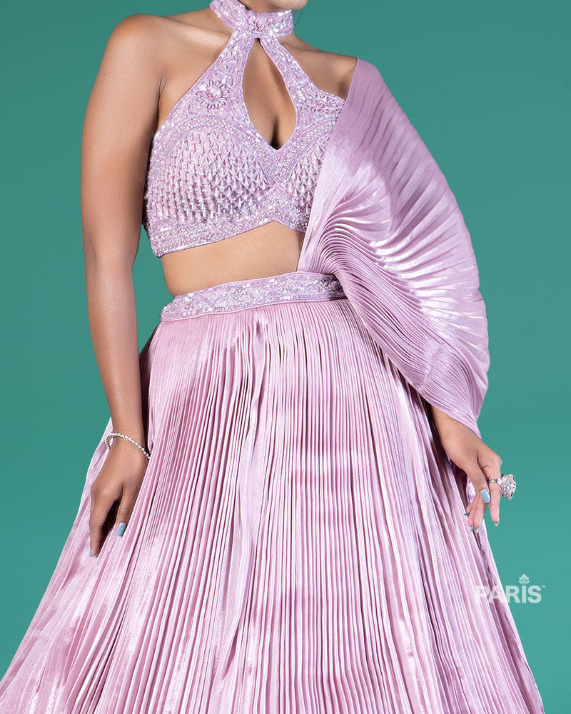 Lavender Pleated Lehenga Embellished Choli and Draped Dupatta