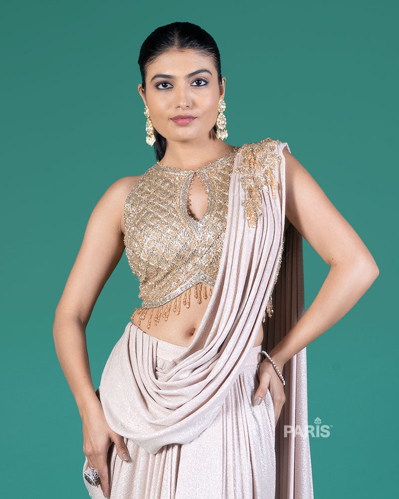 Light Beige Ready to Wear Saree with Embellished Blouse