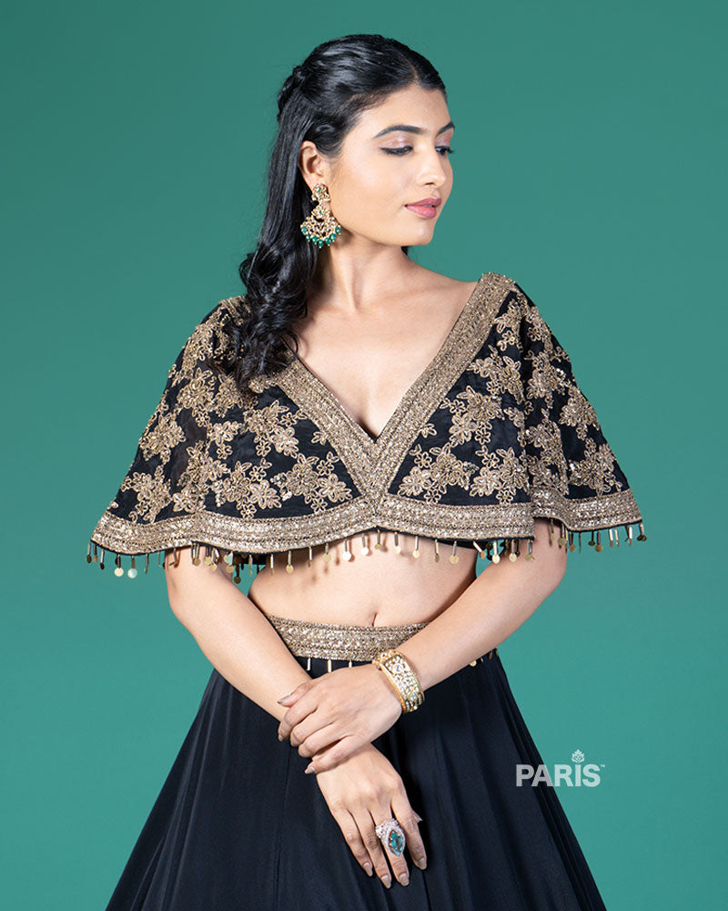 Black and Gold Embroidered Lehenga Choli with Feather Design