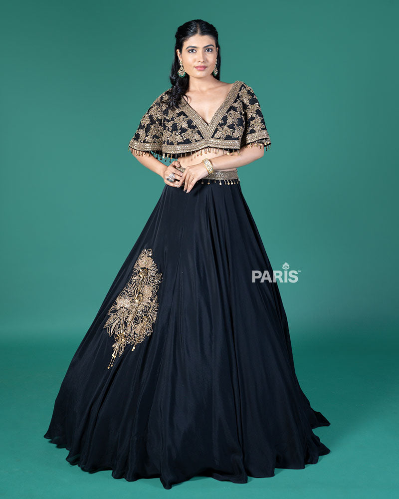 Black and Gold Embroidered Lehenga Choli with Feather Design