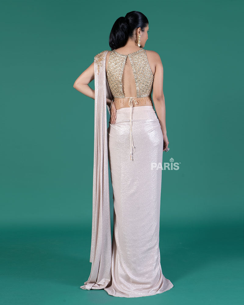 Light Beige Ready to Wear Saree with Embellished Blouse