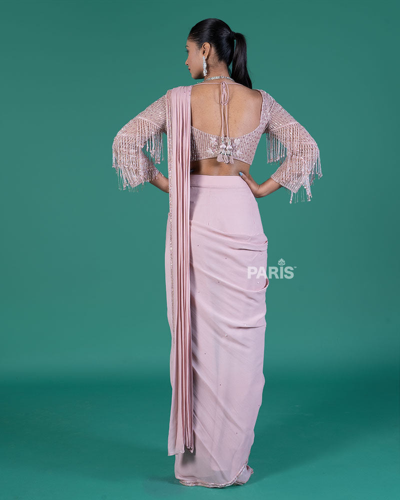 Pastel Pink Ready to Wear Saree with Sequined Blouse and Beaded Fringe
