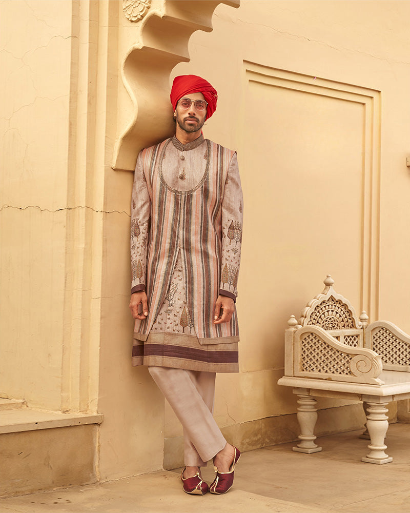 Beige Kurta Pajama With Stripe Printed Coat
