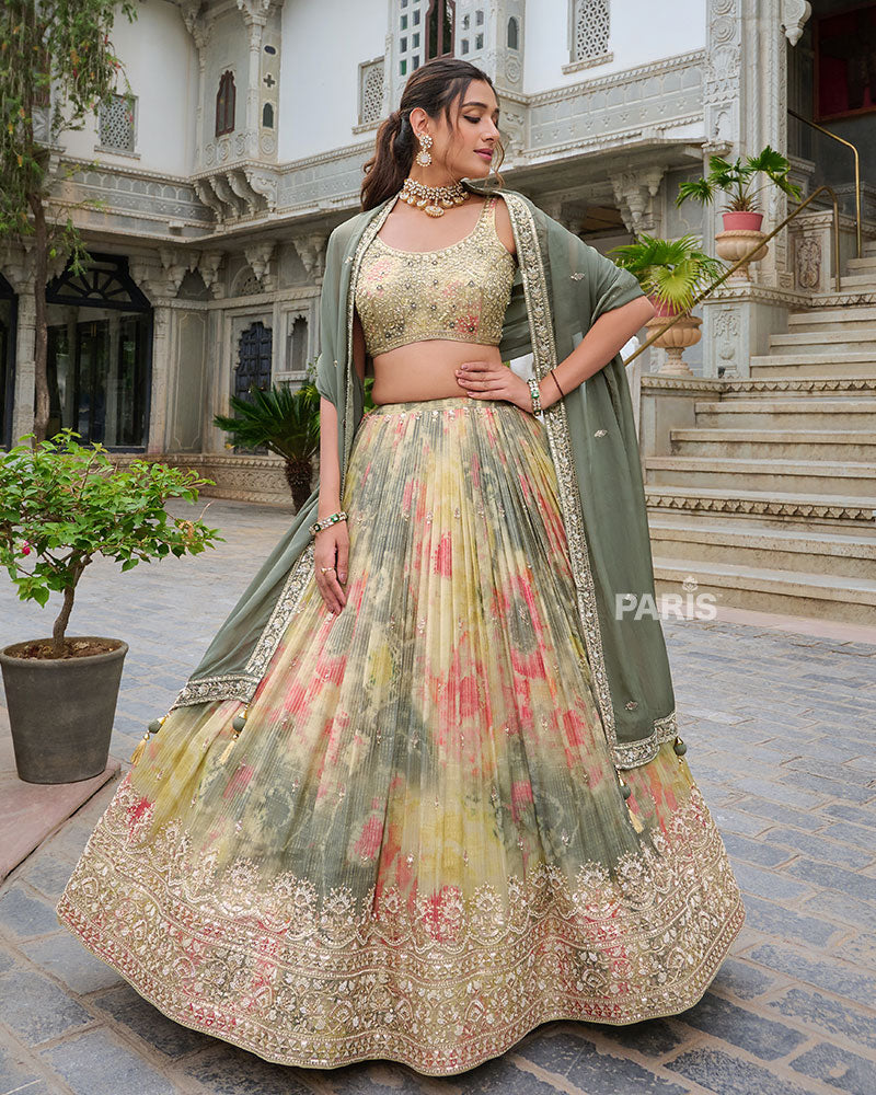 Multi-Color Digital Print Lehenga Choli with Pastel Green Dupatta