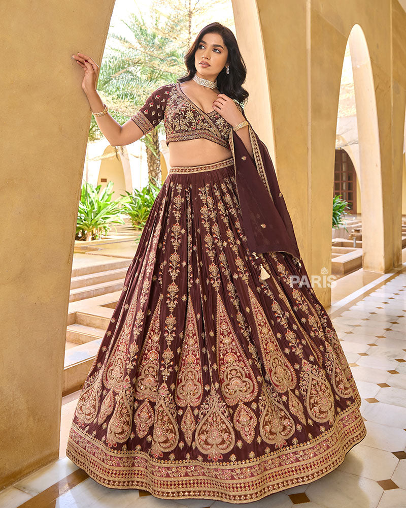 Maroon Golden Detailing Embroidered Lehenga Choli with Matching Dupatta
