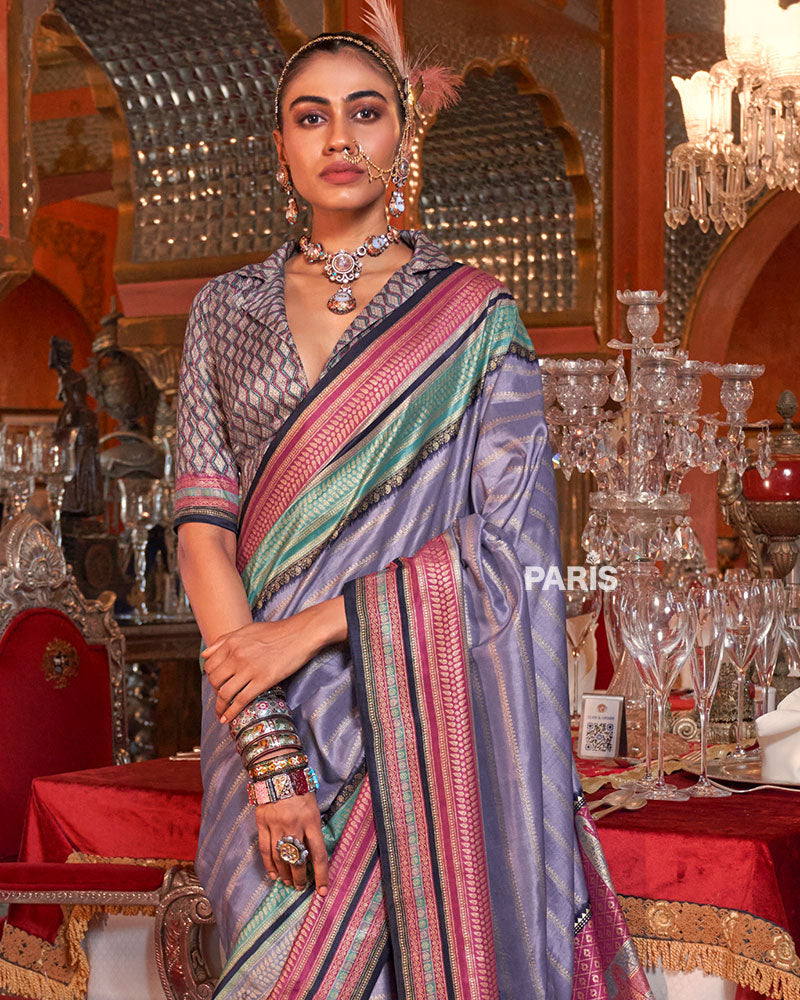 Light Grayish Purple Kanjivaram Silk Saree with Unstitched Blouse