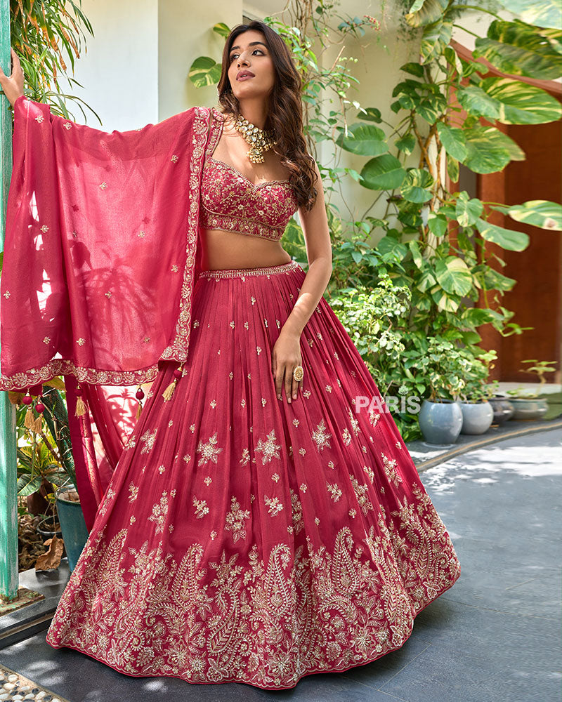 Deep Pink Embroidery Embellished Lehenga Choli with Dupatta