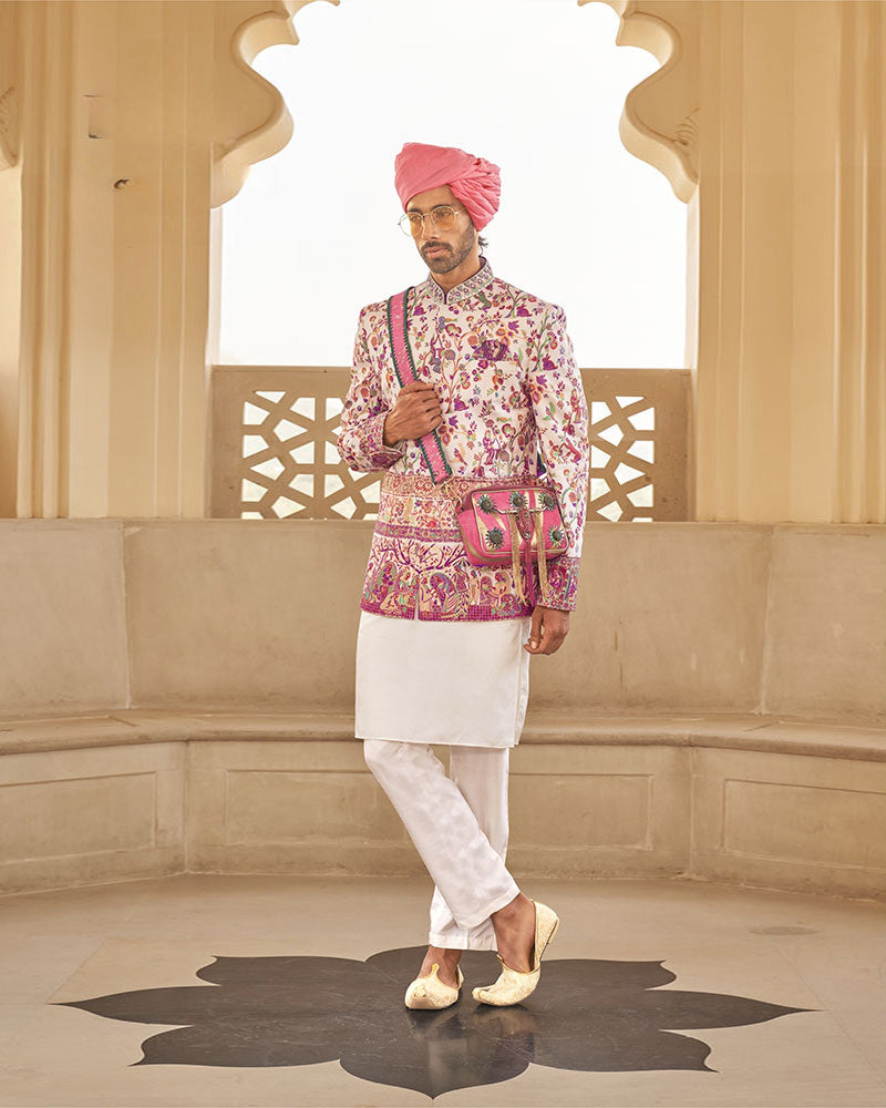 White Kurta Pajama With Floral Printed Coat