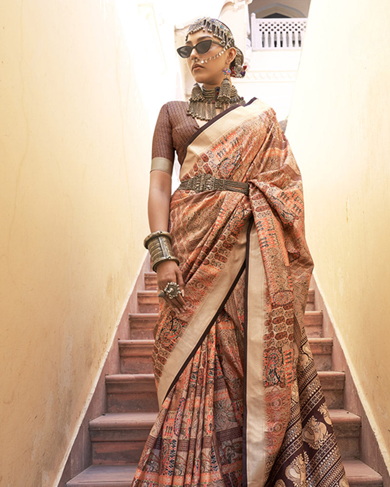 Brown Heavy Printed Cotton Silk Saree with Unstitched Blouse Piece