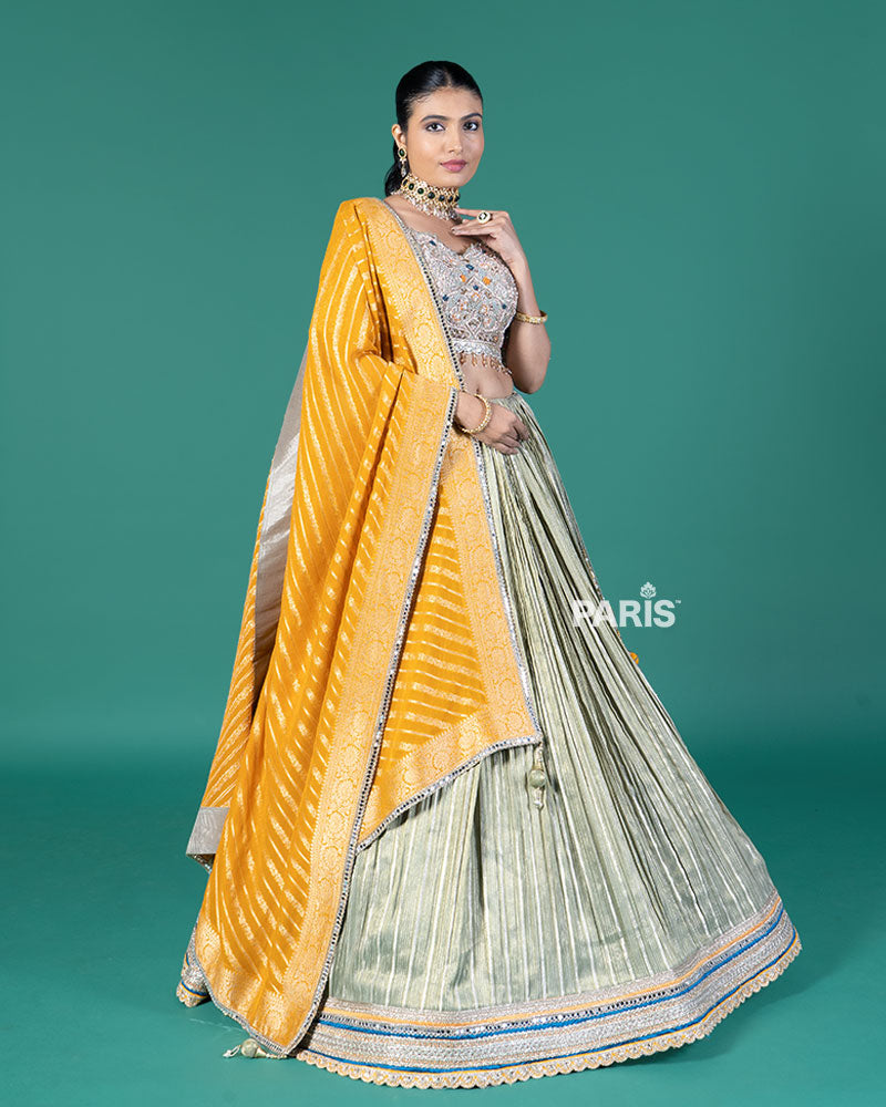 Pista Silver Pleated Lehenga and Embroidered Gray Choli with Mustard Dupatta