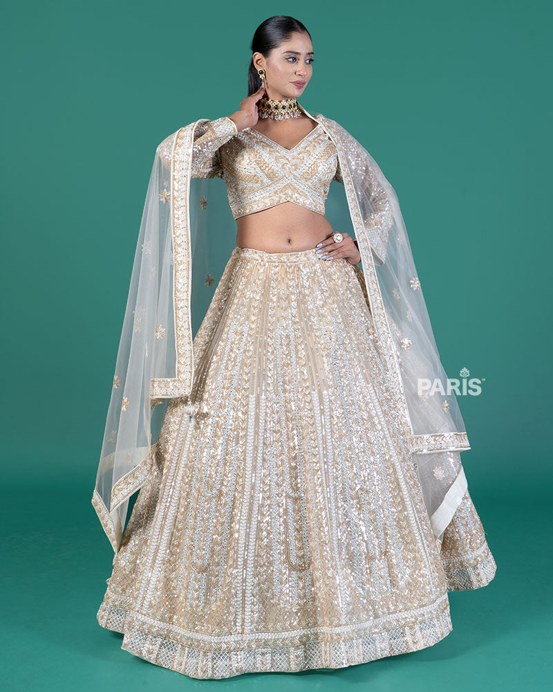 Cream Sequined Lehenga Choli with Dupatta