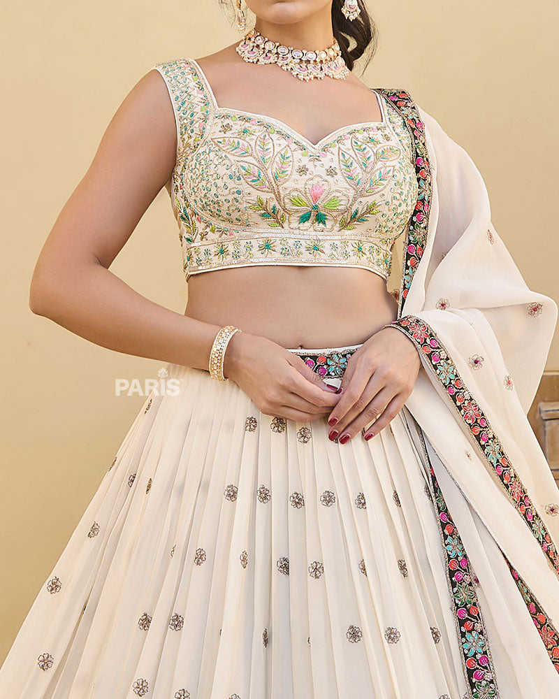 Cream Floral Embroidered Lehenga Choli with Matching Dupatta