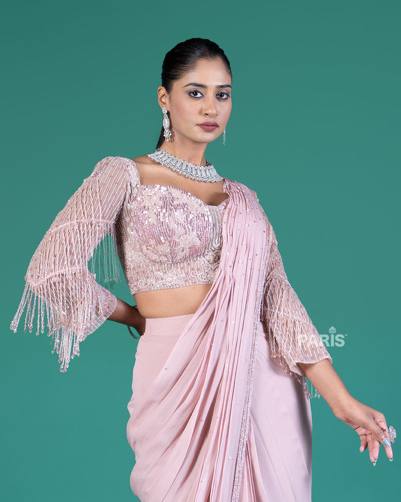Pastel Pink Ready to Wear Saree with Sequined Blouse and Beaded Fringe