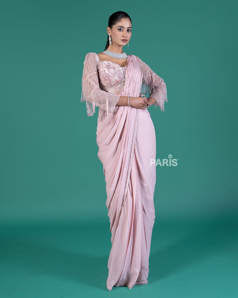 Pastel Pink Ready to Wear Saree with Sequined Blouse and Beaded Fringe