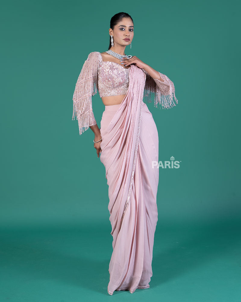 Pastel Pink Ready to Wear Saree with Sequined Blouse and Beaded Fringe
