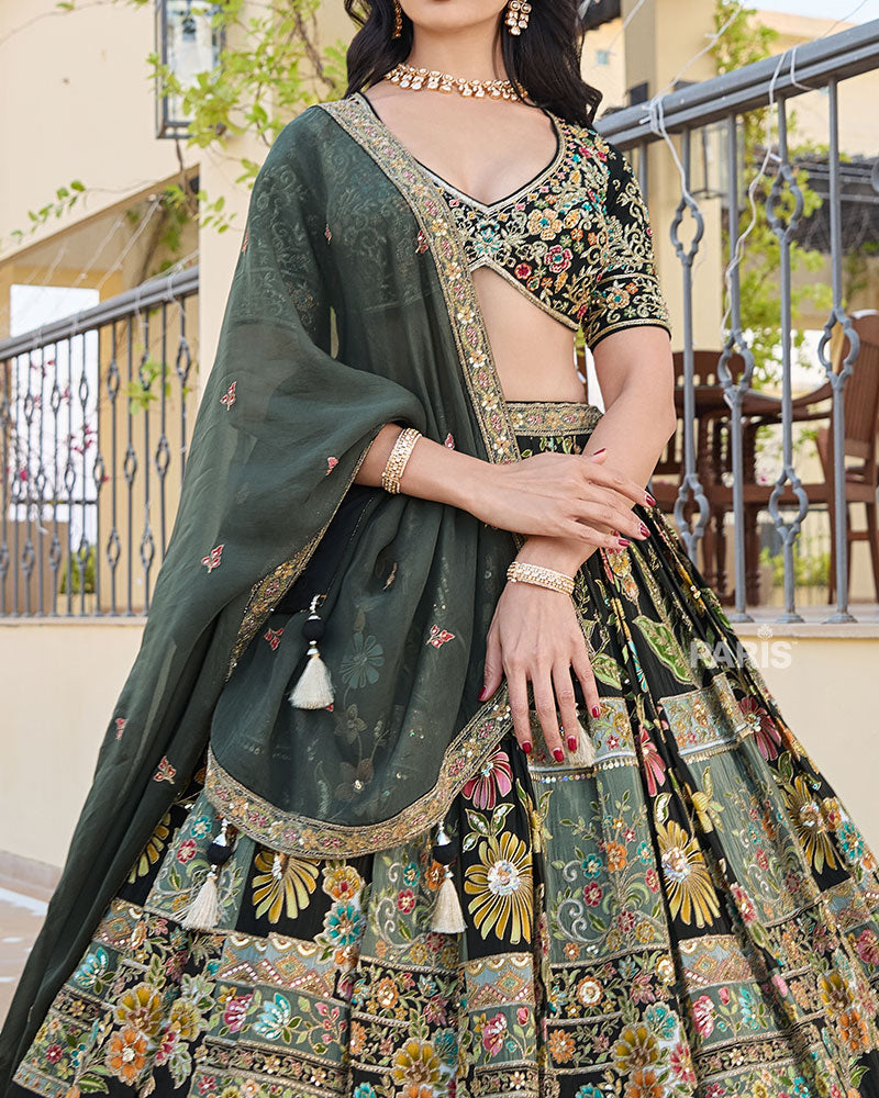 Black Colorful Floral Embroidered Lehenga Choli with Matching Dupatta