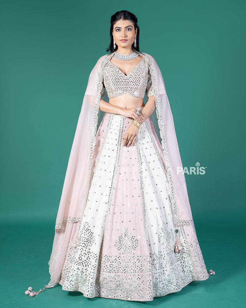 Pink and Cream Mirror Embellished Lehenga Choli with Dupatta