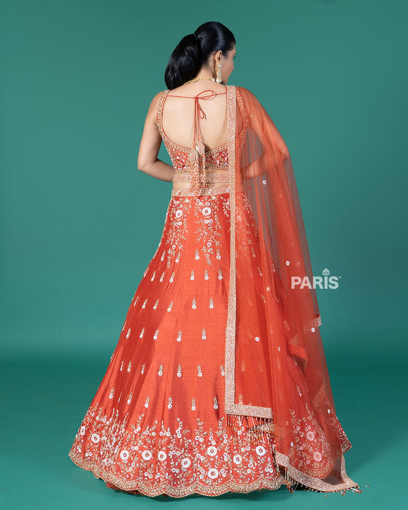 Rust Orange Embellished Lehenga Choli with Dupatta and Belt