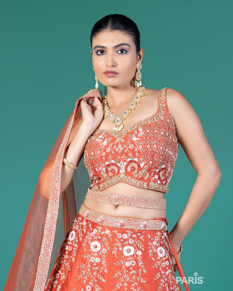 Rust Orange Embellished Lehenga Choli with Dupatta and Belt