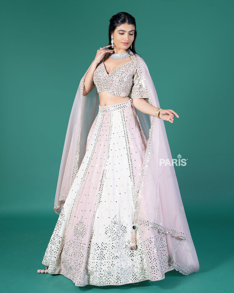 Pink and Cream Mirror Embellished Lehenga Choli with Dupatta