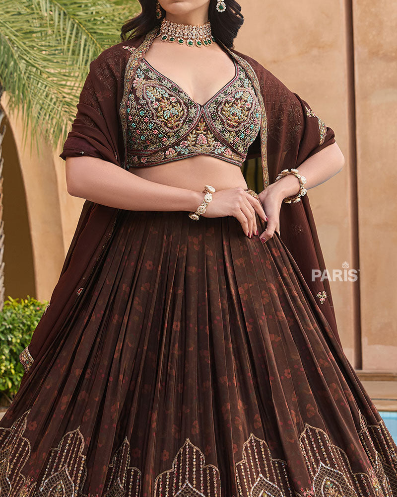 Brown Pleated Lehenga Choli with Intricate Embroidery and Matching Dupatta