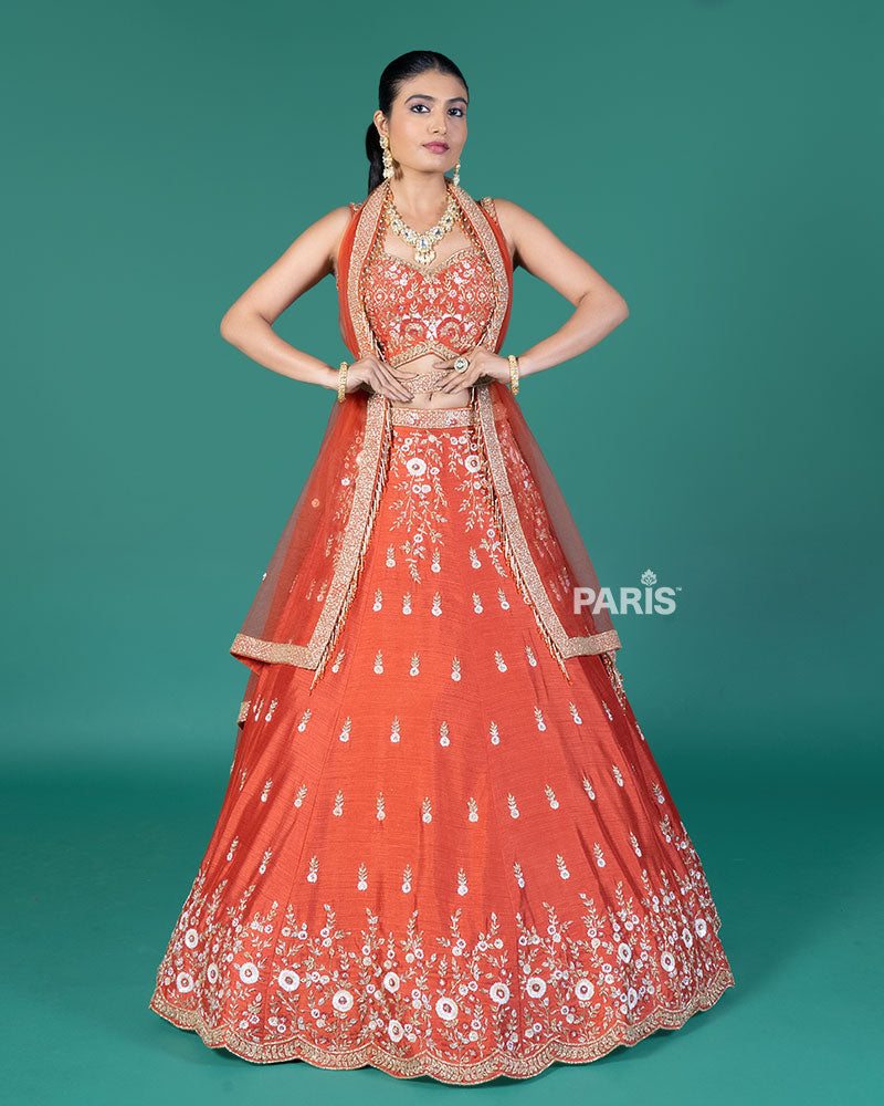 Rust Orange Embellished Lehenga Choli with Dupatta and Belt