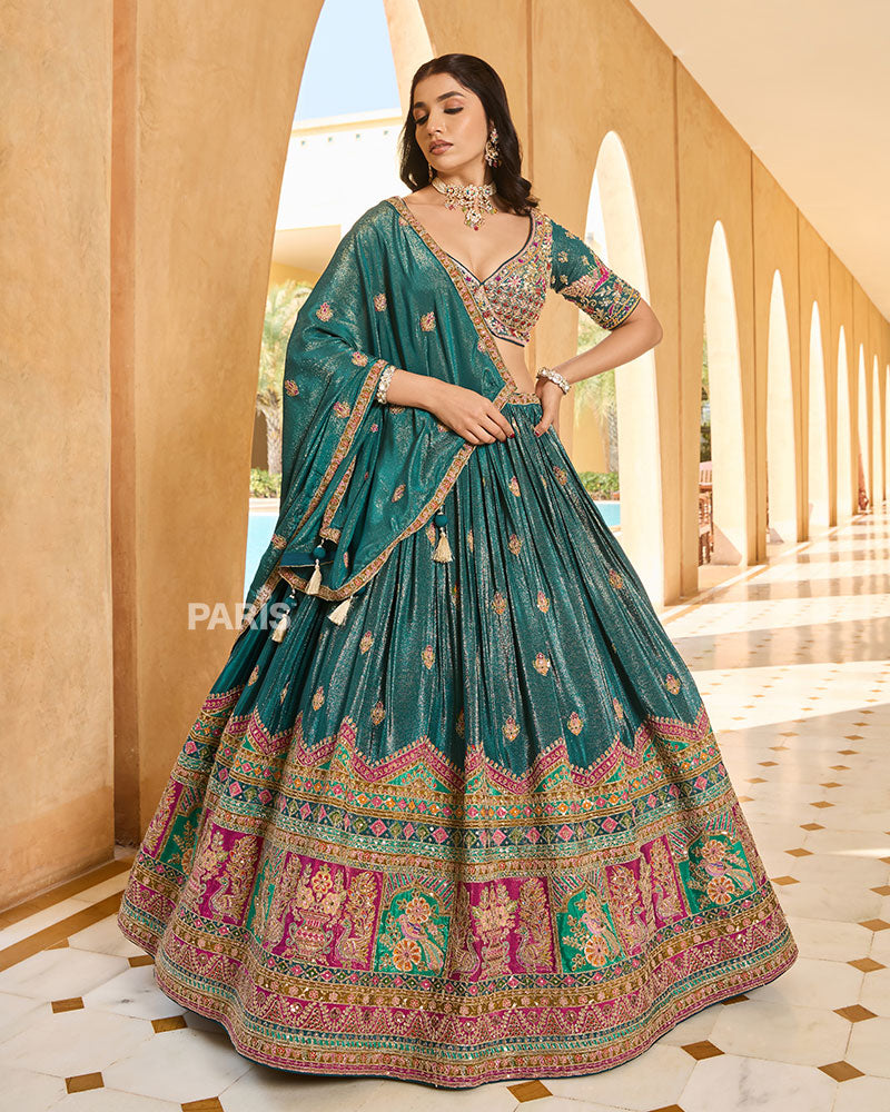 Teal Golden and Pink Embroidery Embellished Lehenga Choli with Matching Dupatta