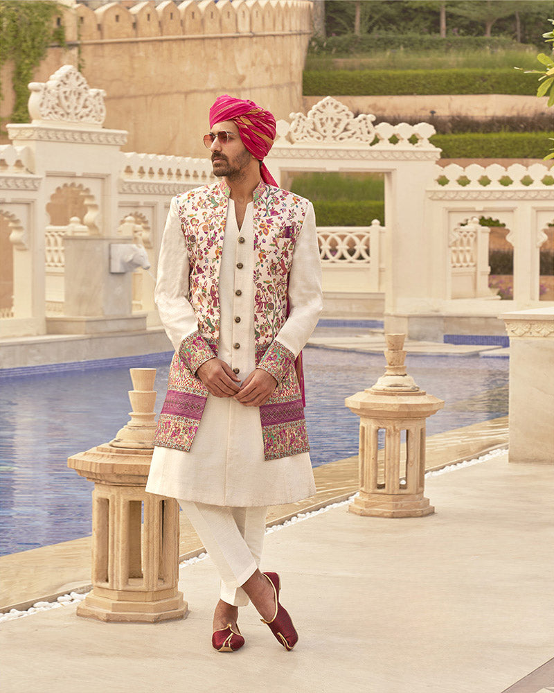 White Kurta Pajama With Floral Printed Coat