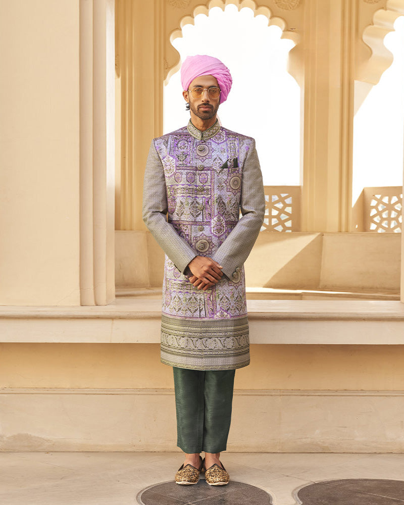 Lilac Printed Indowestern Sherwani Set
