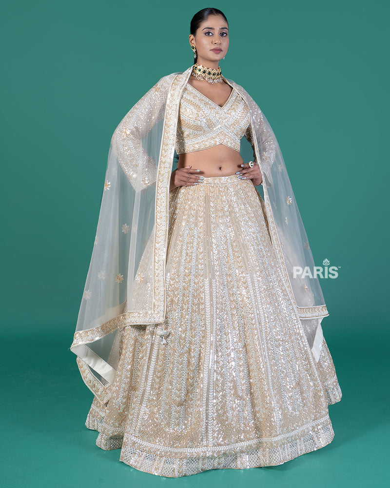 Cream Sequined Lehenga Choli with Dupatta