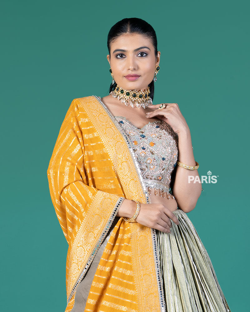 Pista Silver Pleated Lehenga and Embroidered Gray Choli with Mustard Dupatta