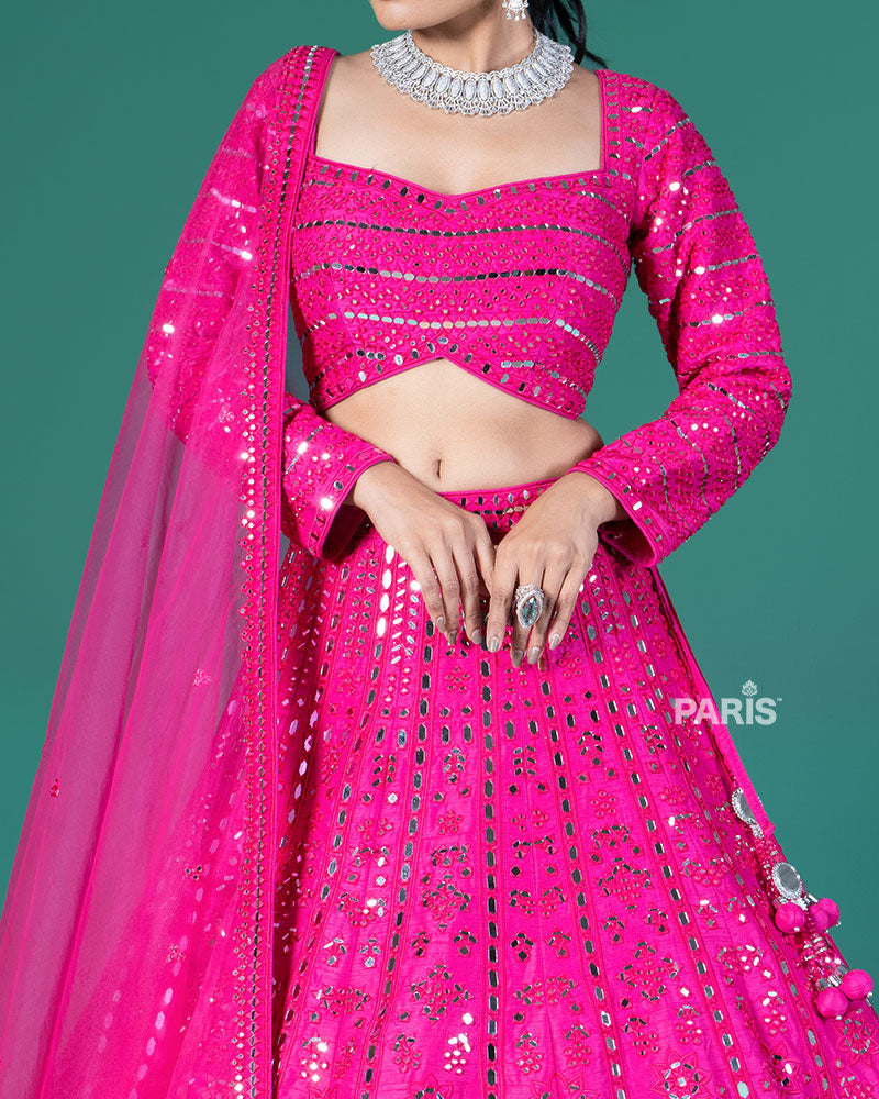 Hot Pink Mirror Embellished Lehenga Choli with Dupatta