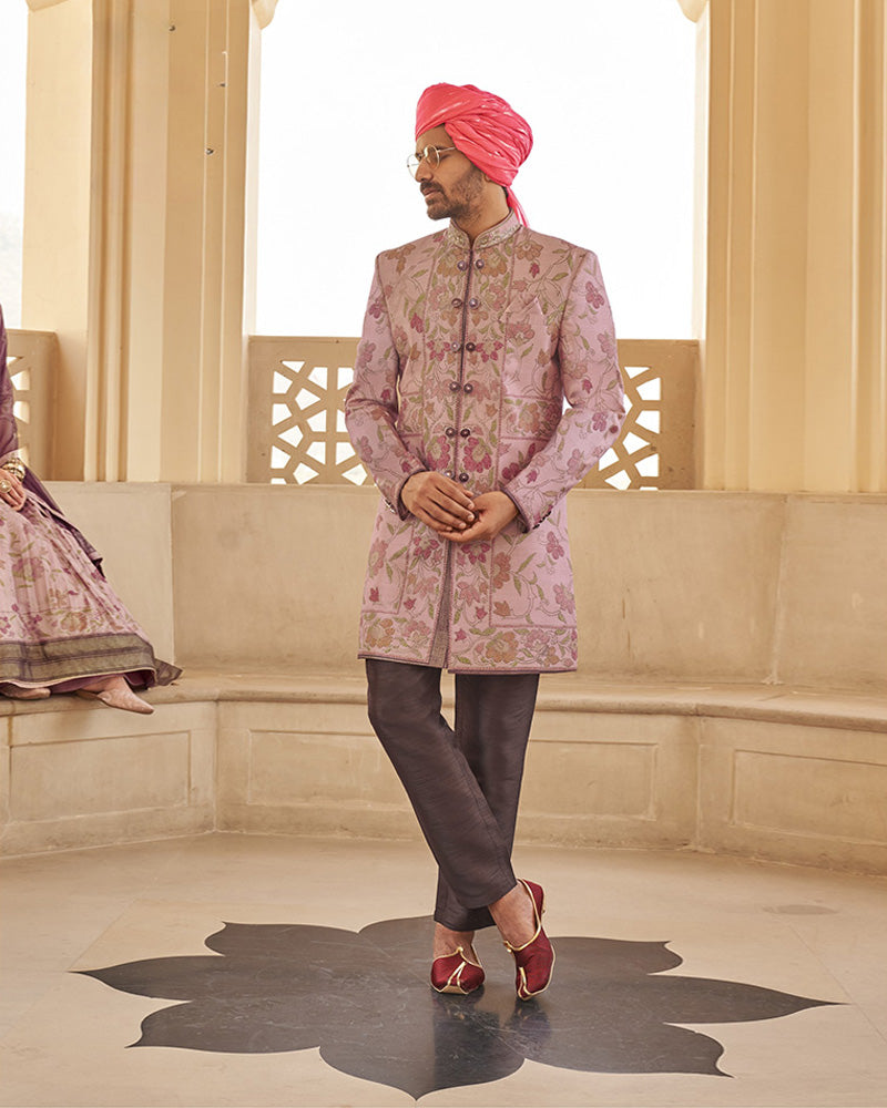 Peach Floral Printed Sherwani With Pant